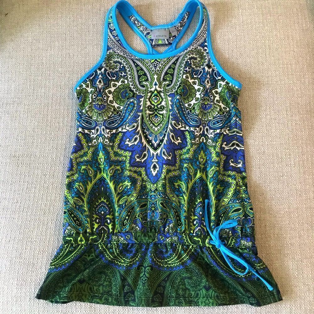 Athleta Blue Green Paisley Drawstring Racerback Swim Top